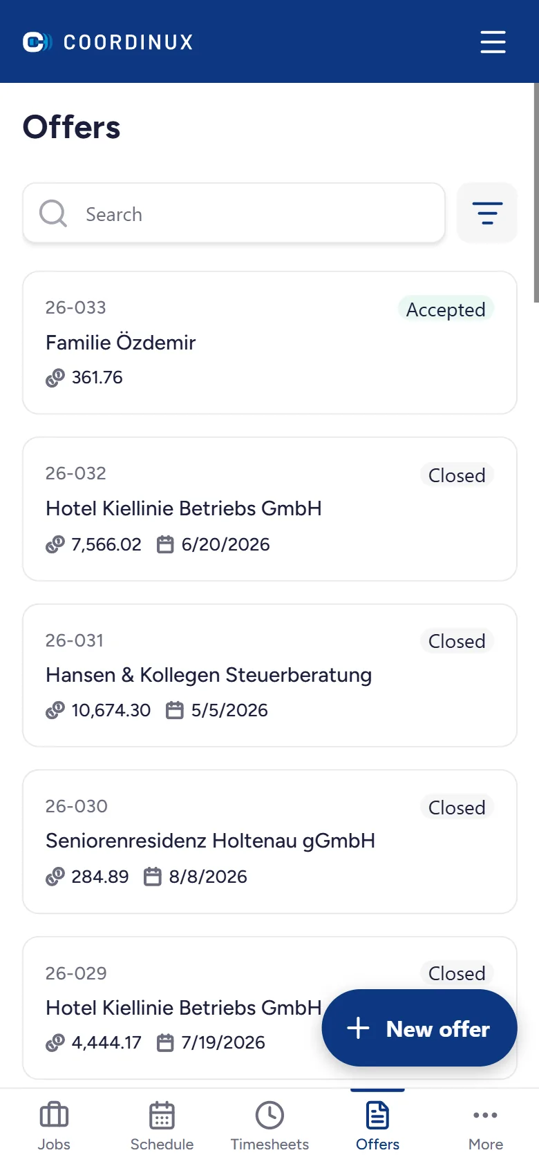 Coordinux offers list with accepted and closed offers