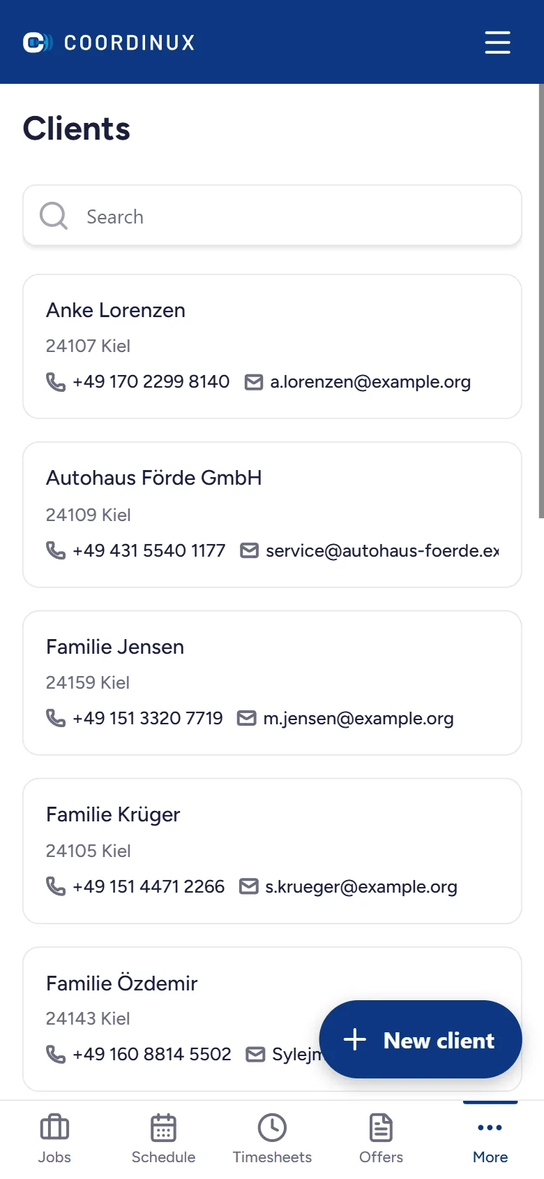 Coordinux clients list with contact details