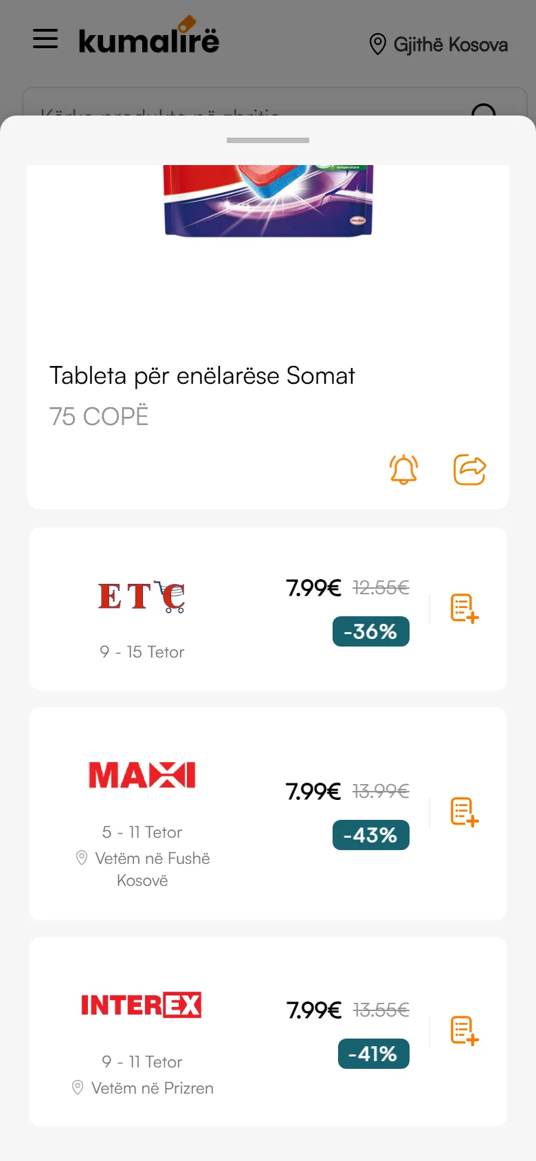 KuMaLire app comparing one product across three stores